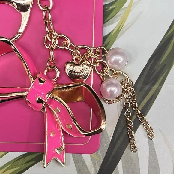 RARE Juicy Couture BOW Keychain Bag Charm Hot Pink Enameled Heart Pearl BLING